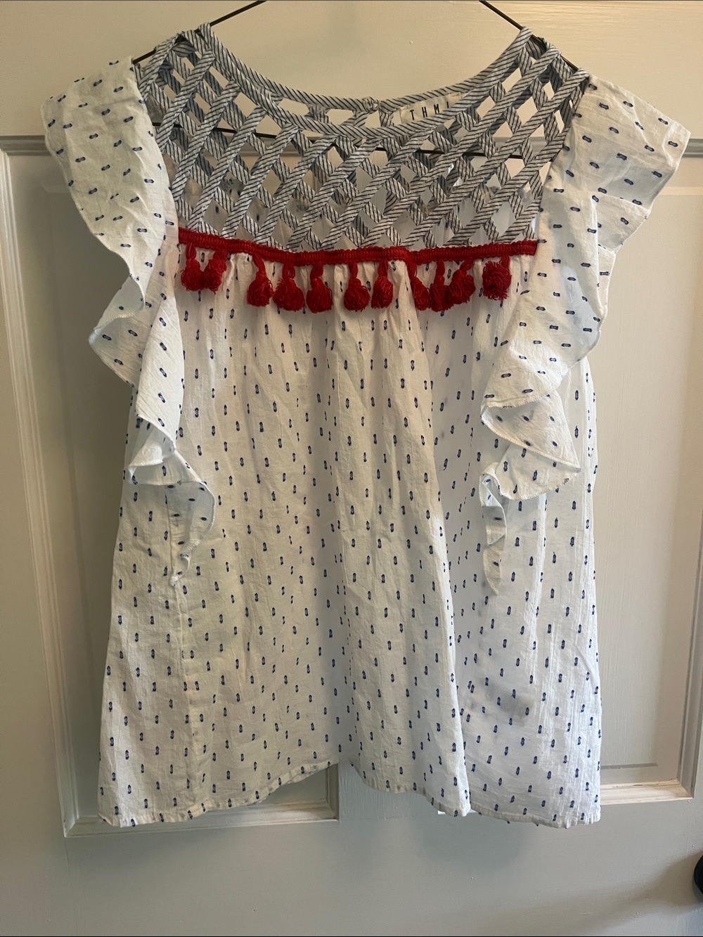 THML White Tank with Navy Embroidered Yoke and Red Tassels